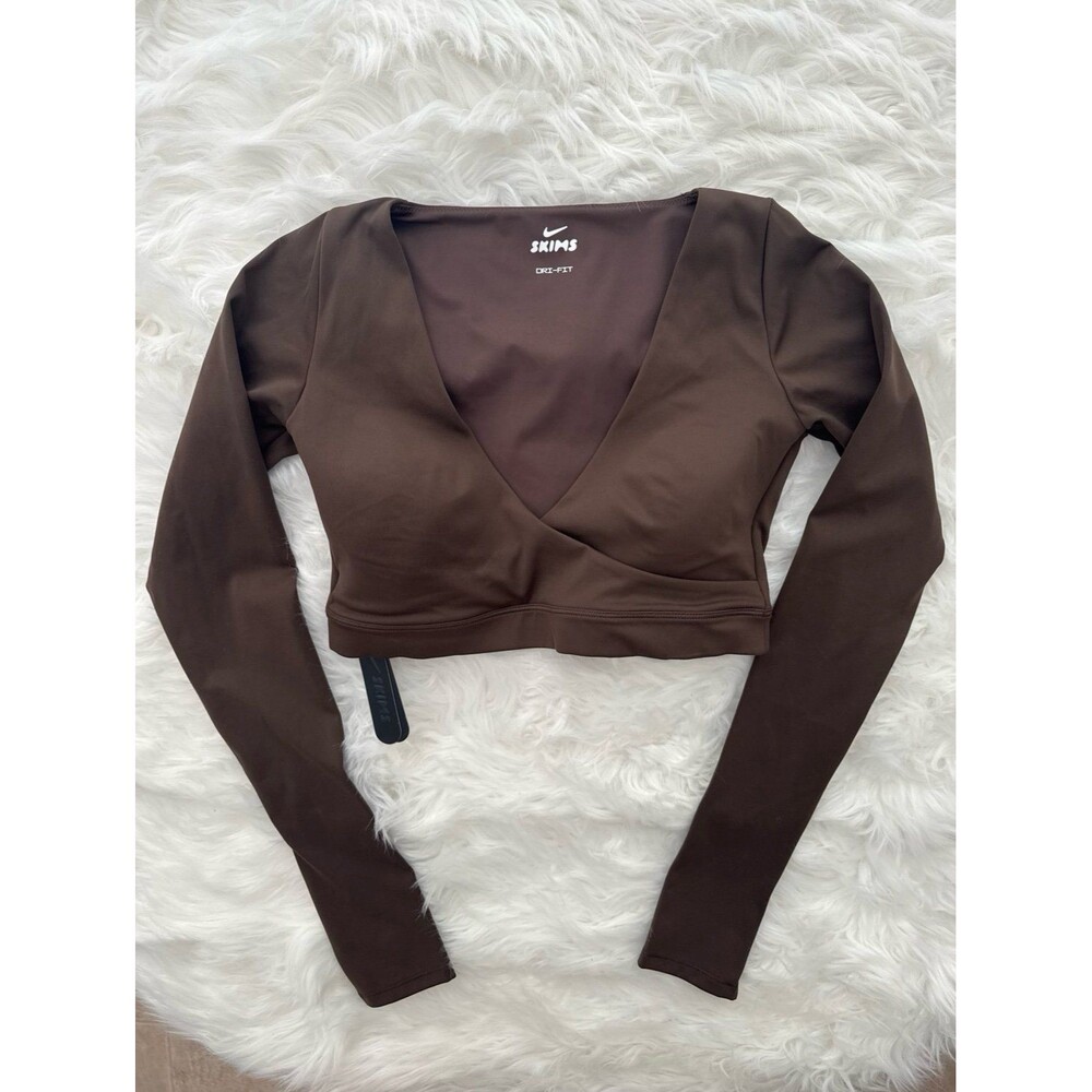 Nike Skims Matte Wrap Long Sleeve Crop Top Dark Sepia Size Small
